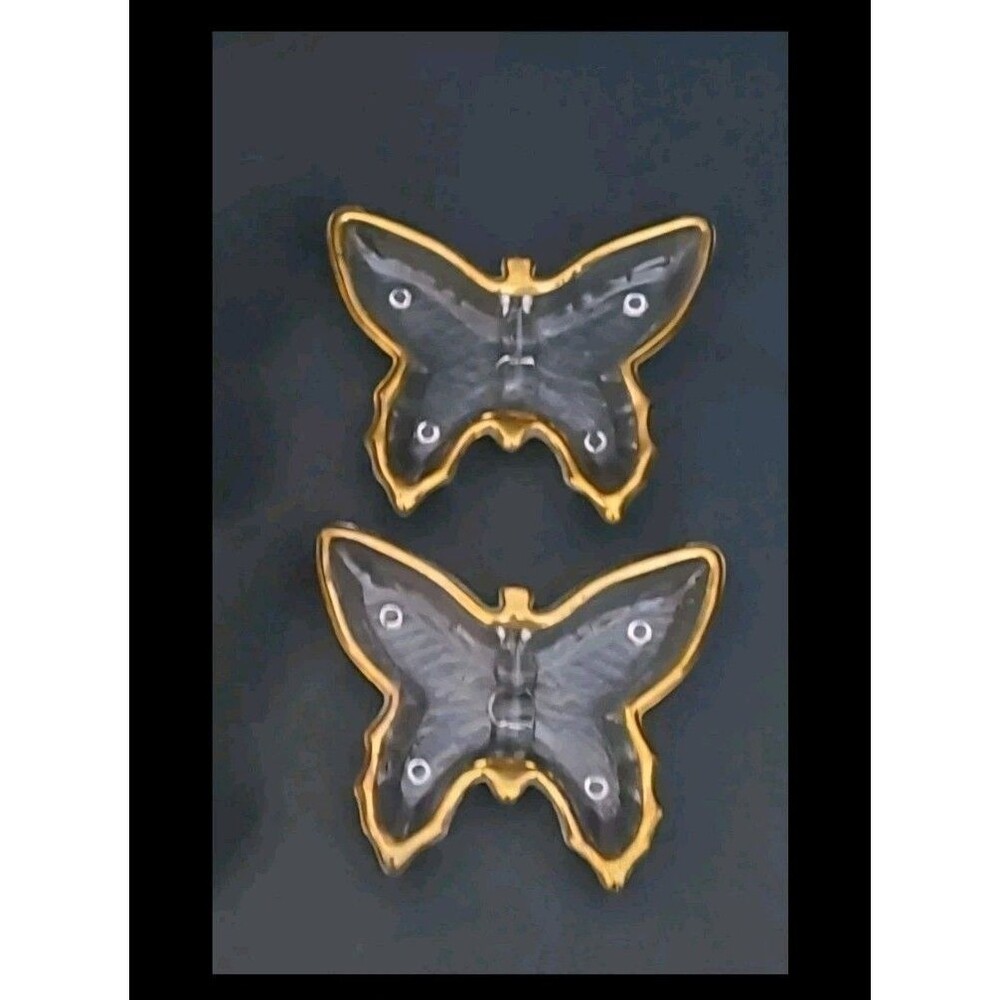 Jeannette Glass Jewelry Trinket Dish Clear Butterfly W/ 22K Gold Trim Vtg 2Pk